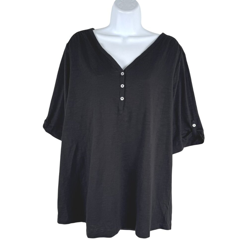 Chico's Ultimate‎ Henley Tee Top Size 3 Black Slub Cotton Modal NWT TP-3717